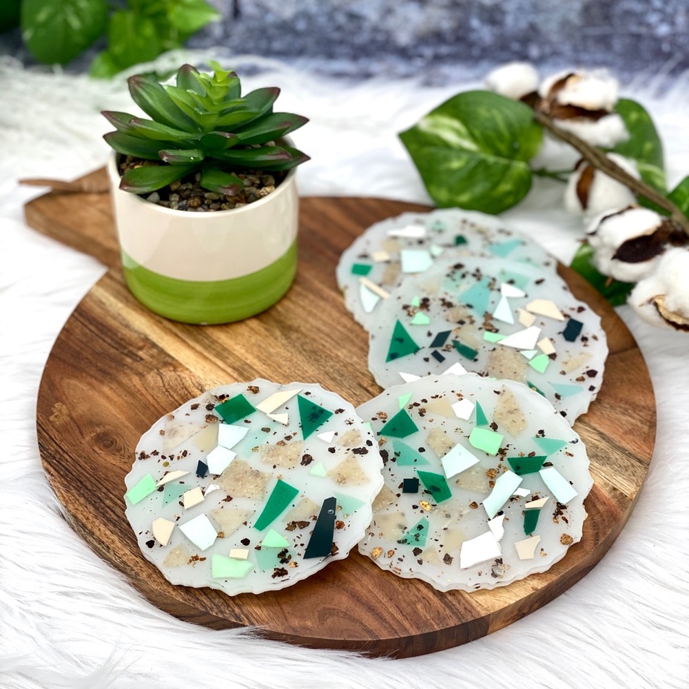 Handcrafted Epoxy Resin Terrazzo Coasters Green white